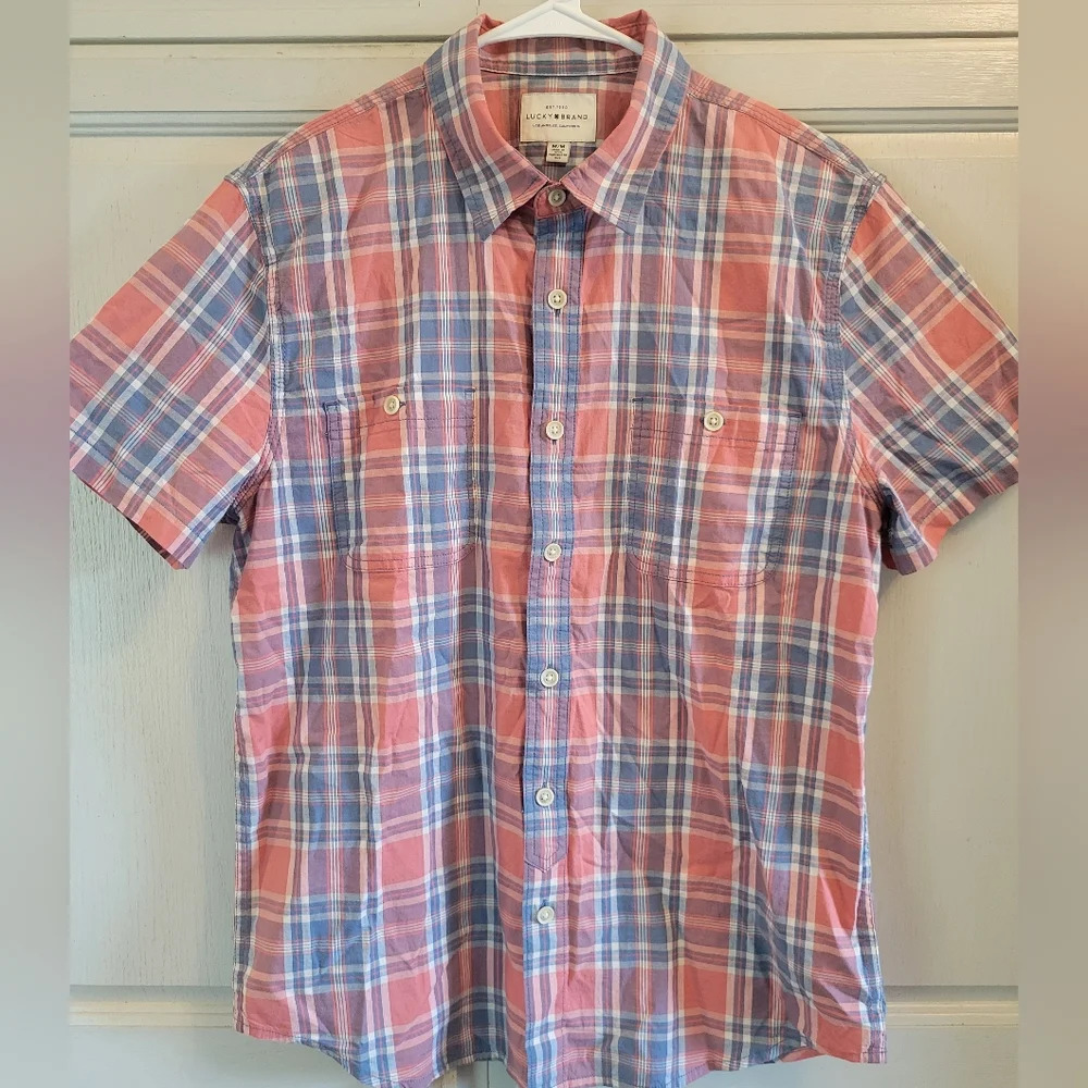 Lucky Brand Men's Red Blue Plaid Button Up Short Sleeve Shirt
